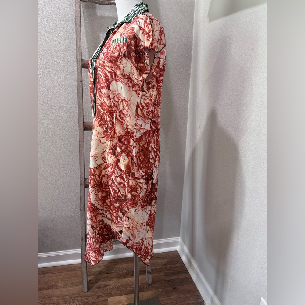 Tribune Red and Green Light Satin Button Up Women's Dress - Picture 4 of 5